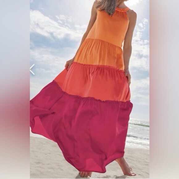 Soft Surroundings 100% Silk Cece Tiered Halter Neck Maxi Dress Sz PM Sleeveless - Picture 1 of 12